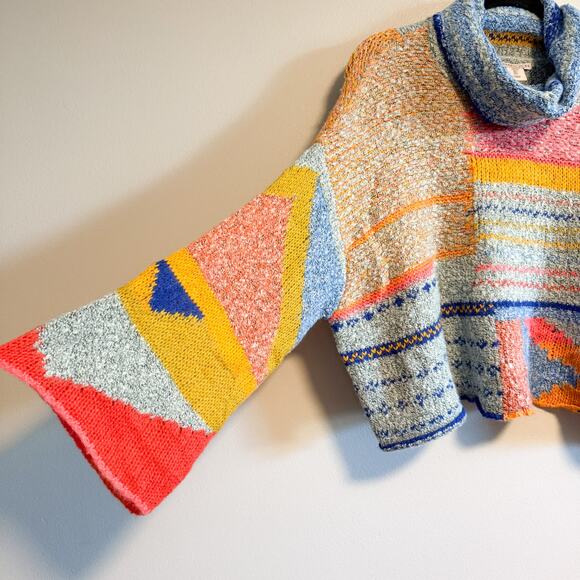 Sincerely Jules Boho Multicolor Patchwork Knit Cropped Cowl Neck Sweater Size L - Picture 7 of 12